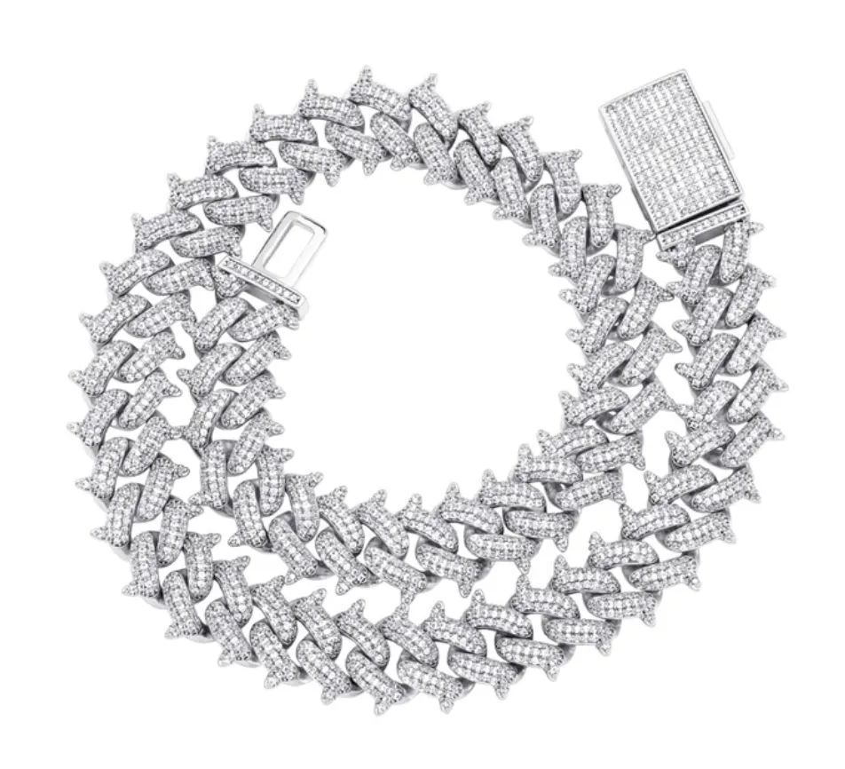 14mm Spike Cuban Link Necklace Barbwire Diamond Mens Hip Hop Rapper Barb Wire Twist Spiked Chain Gold Silver Metal Alloy 16 - 30in.