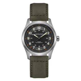 38mm Khaki Field Automatic Black Dial Watch in Titanium with Green Leather Strap