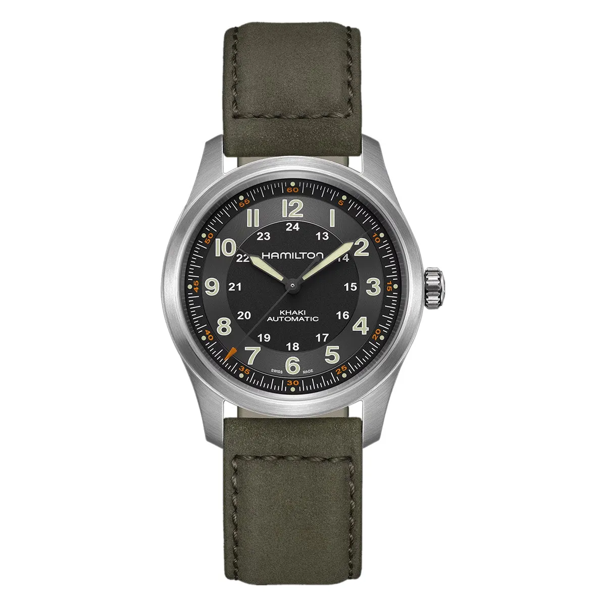 38mm Khaki Field Automatic Black Dial Watch in Titanium with Green Leather Strap