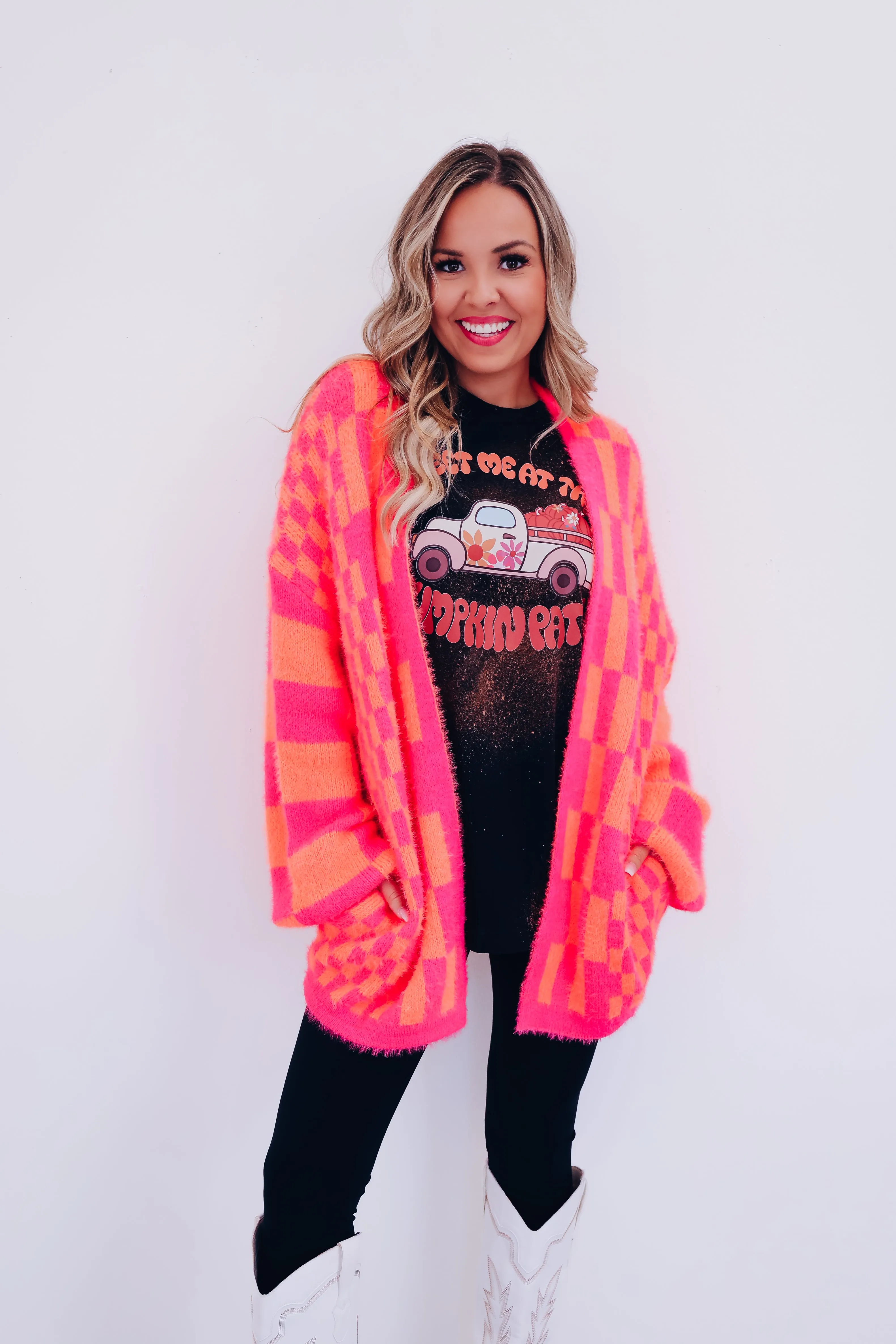 Alina Checkered Oversized Cardigan - Orange/Pink
