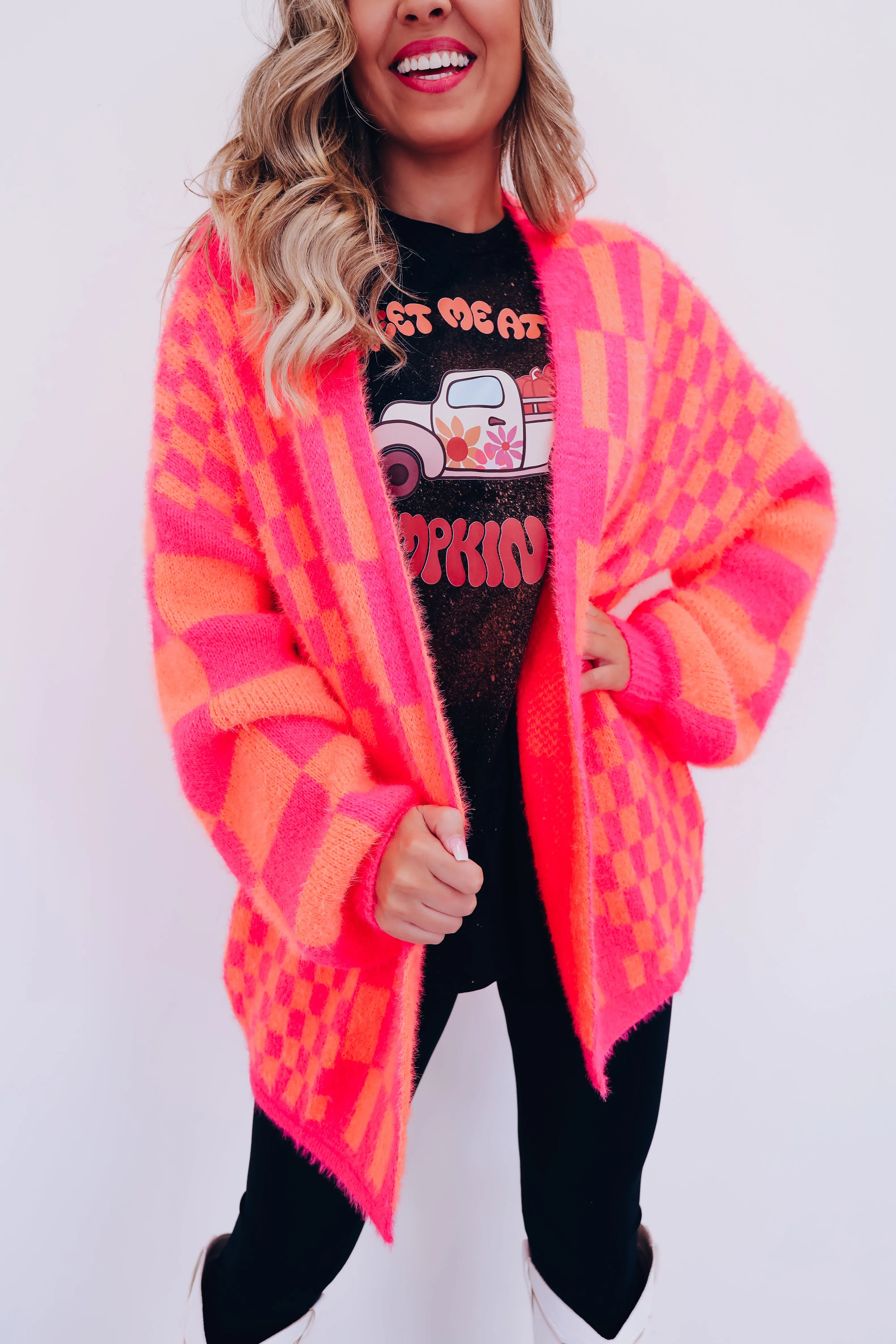 Alina Checkered Oversized Cardigan - Orange/Pink