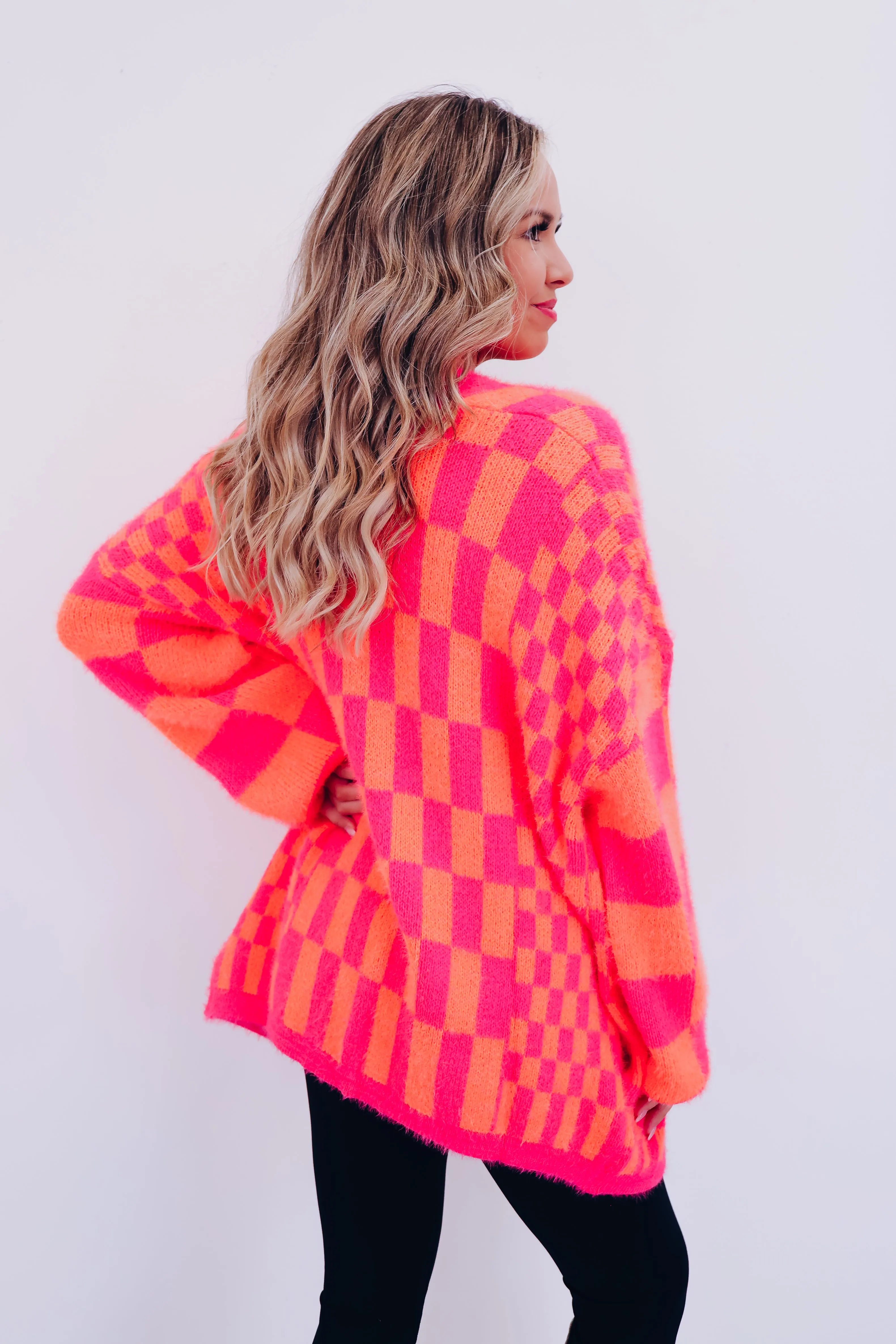 Alina Checkered Oversized Cardigan - Orange/Pink