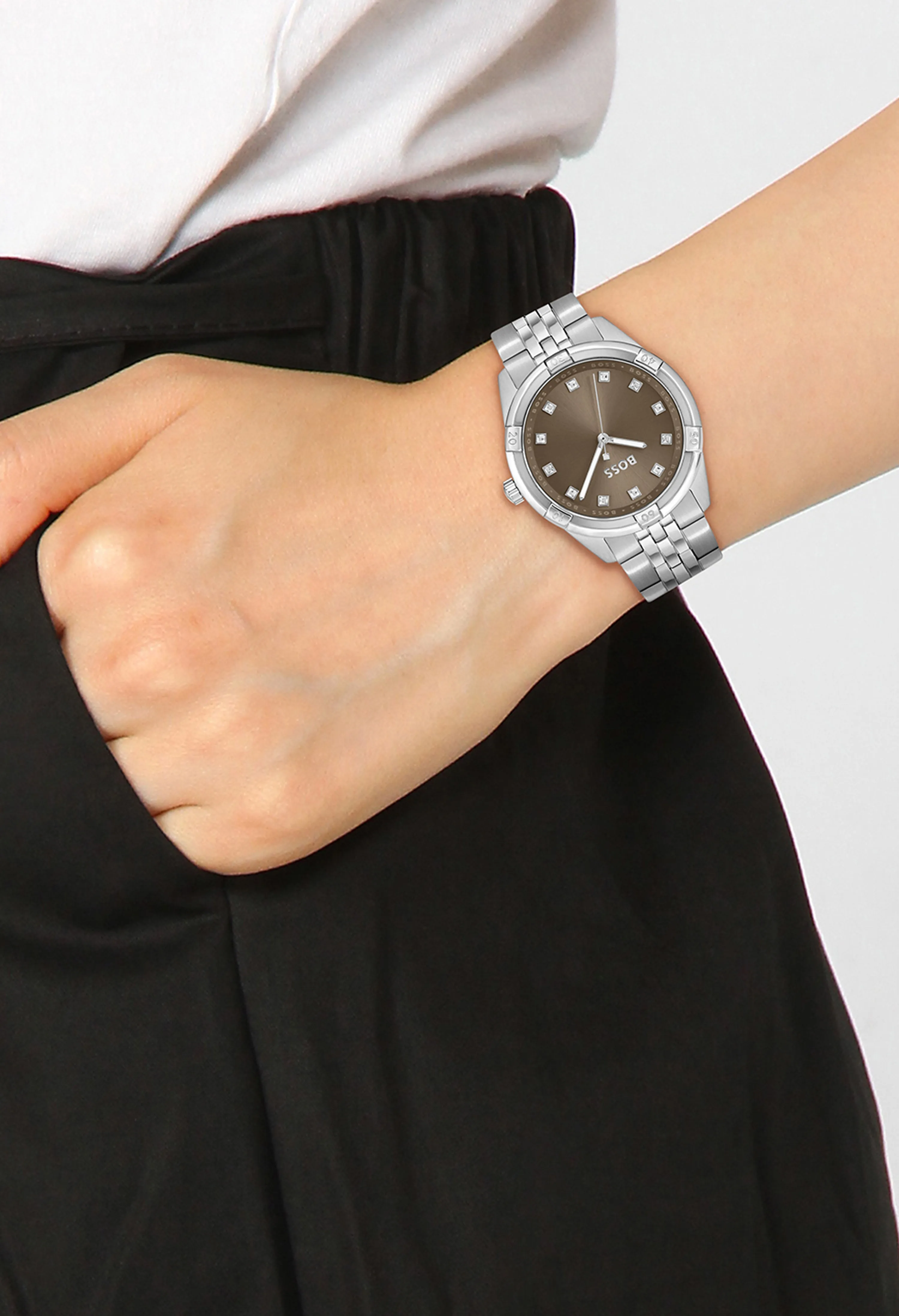BOSS Ladies Rhea Khaki Crystal Set Dial Stainless Steel Bracelet Watch *