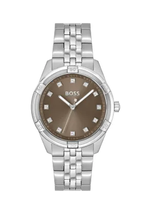 BOSS Ladies Rhea Khaki Crystal Set Dial Stainless Steel Bracelet Watch *