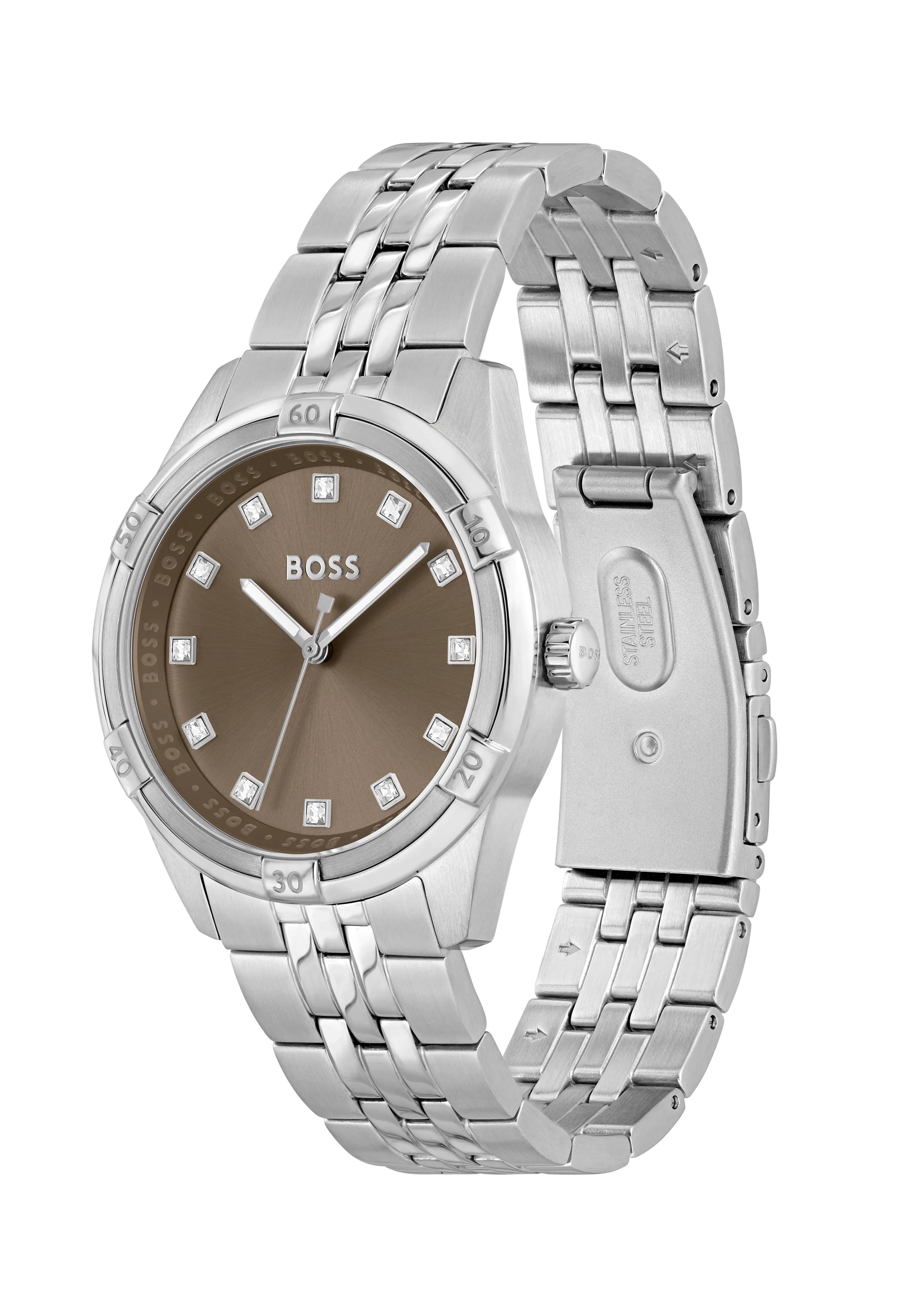 BOSS Ladies Rhea Khaki Crystal Set Dial Stainless Steel Bracelet Watch *