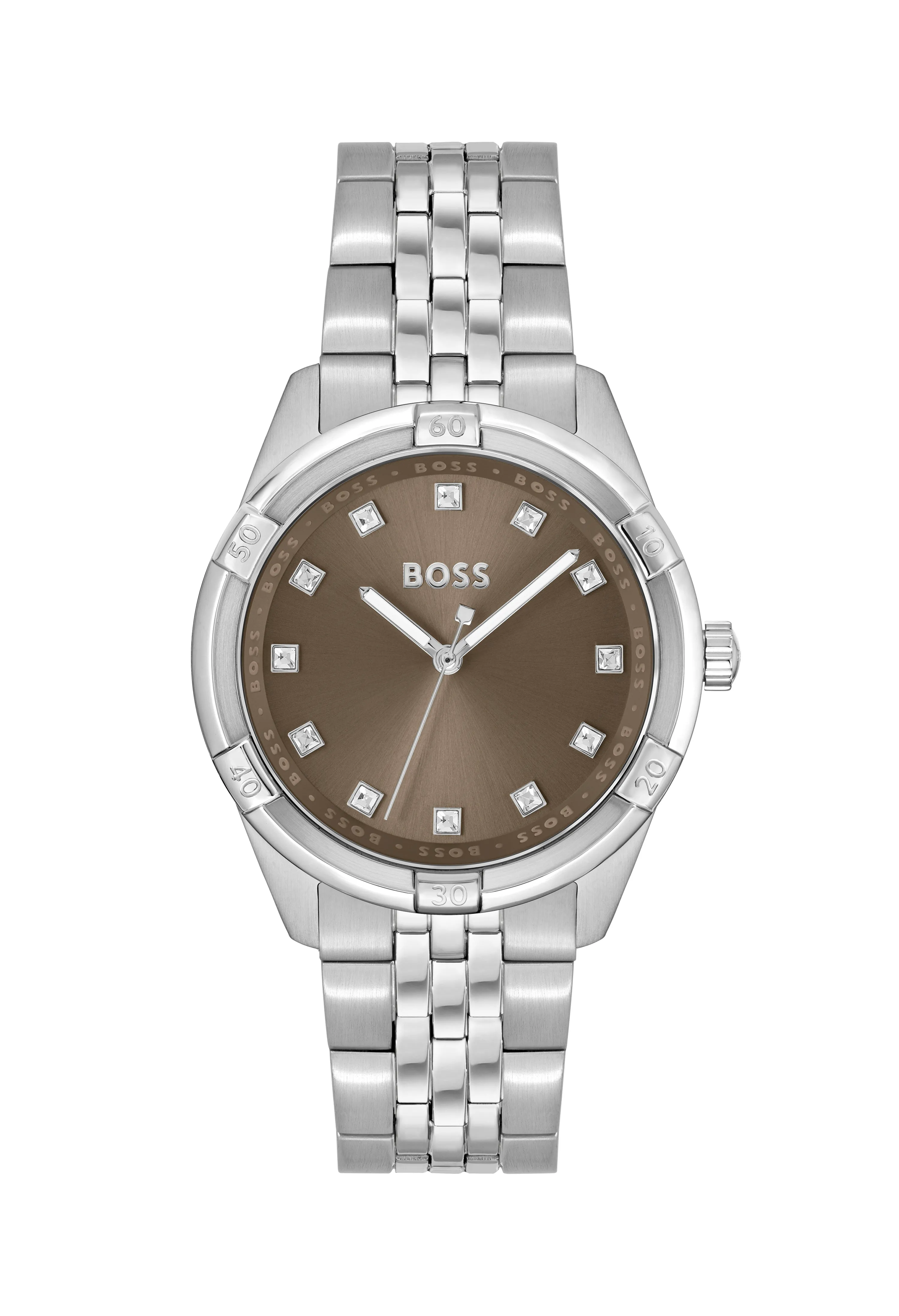 BOSS Ladies Rhea Khaki Crystal Set Dial Stainless Steel Bracelet Watch *