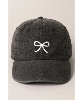 Bow Embroidered Ball Cap - Vintage Black