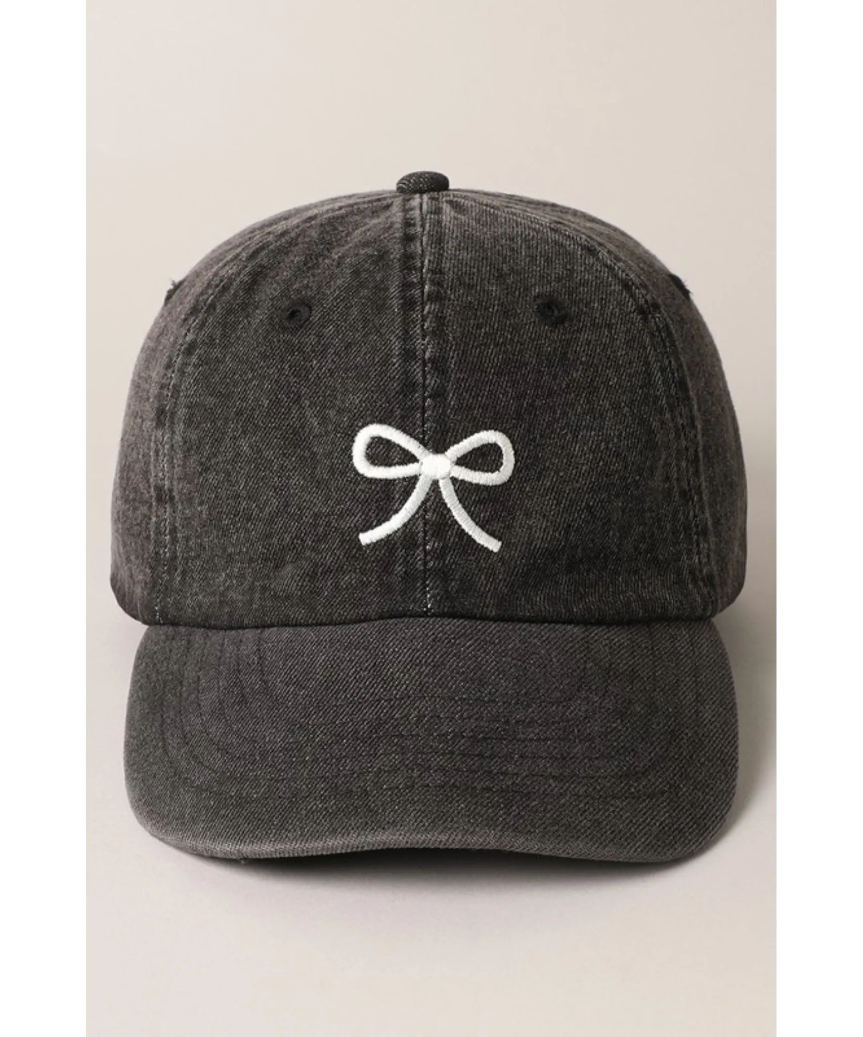 Bow Embroidered Ball Cap - Vintage Black