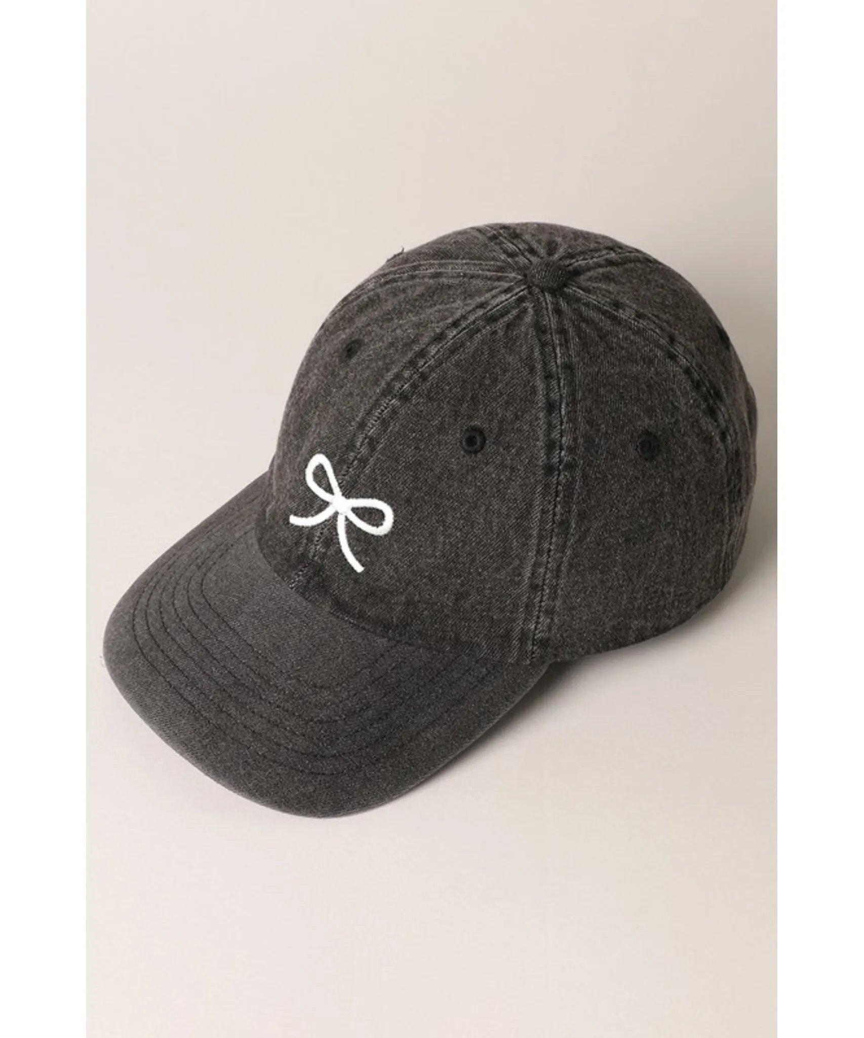 Bow Embroidered Ball Cap - Vintage Black