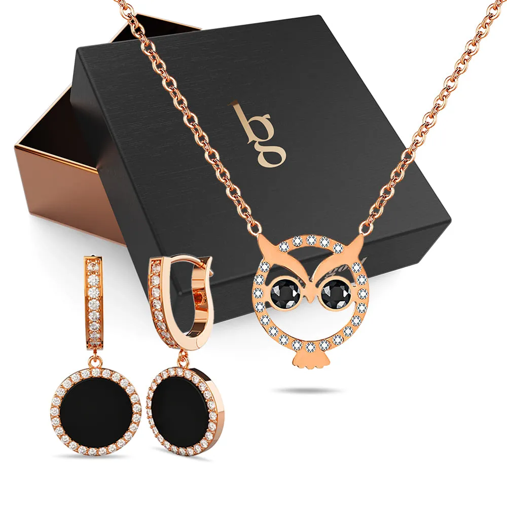 Boxed Jet Black Resin Inlay With Crystals Paved Around Huggie Earrings & Bright-Eyed Owl Short Necklace Set