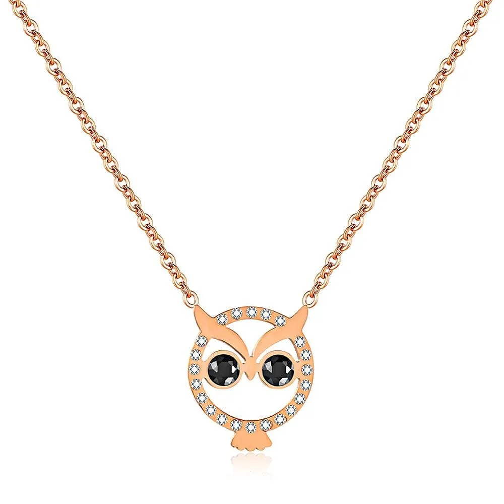 Boxed Jet Black Resin Inlay With Crystals Paved Around Huggie Earrings & Bright-Eyed Owl Short Necklace Set