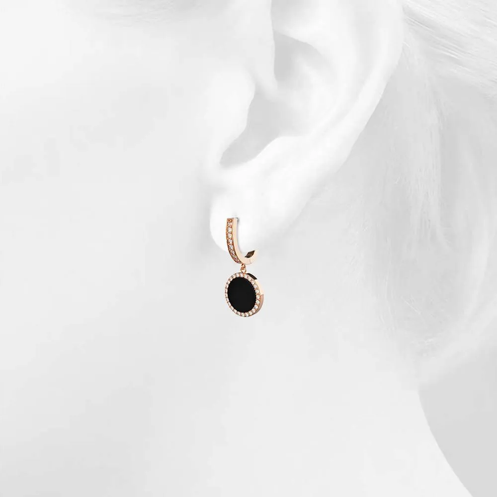 Boxed Jet Black Resin Inlay With Crystals Paved Around Huggie Earrings & Bright-Eyed Owl Short Necklace Set