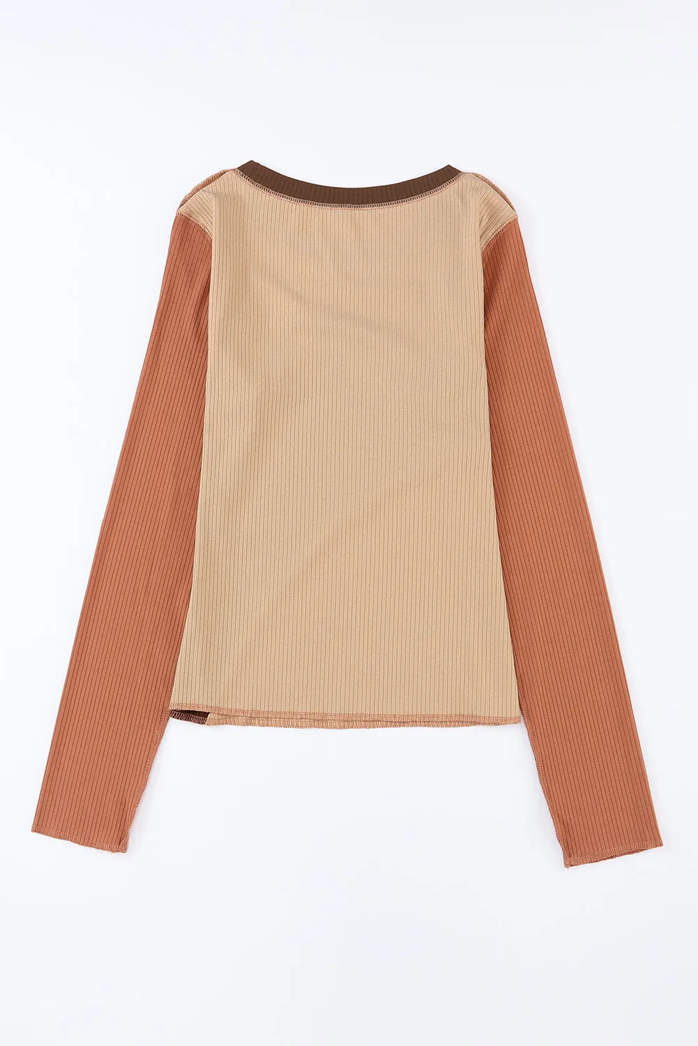 Brown Expose Seam Color Block Ribbed Knit Top