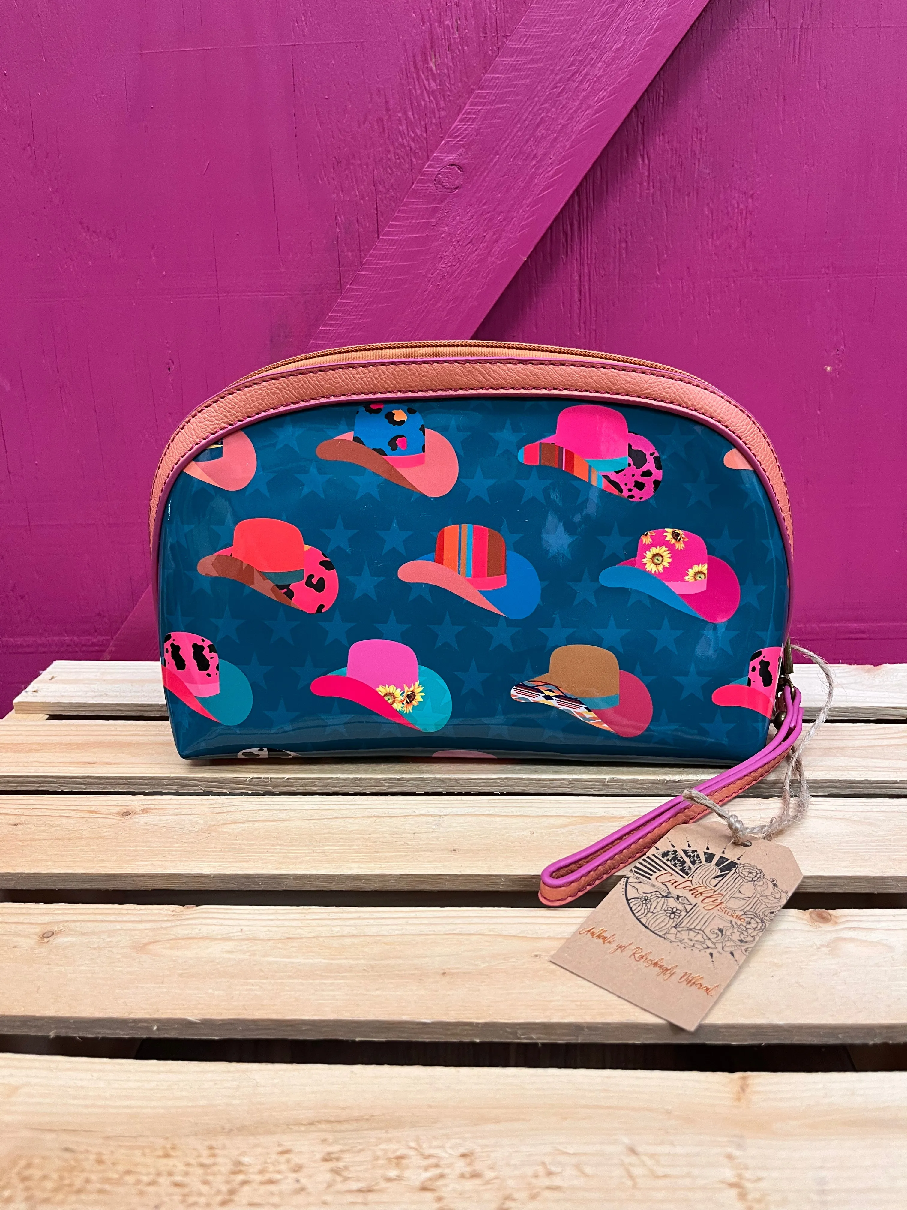 Catchfly Turquoise/Pink Stars and Cowgirl Hats Western Print Makeup Cosmetic Wristlet Case 23208586HAT