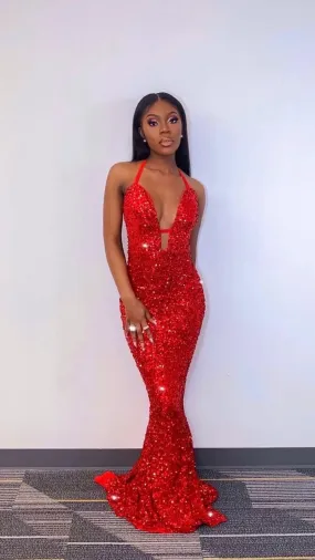 Charming Mermaid Red Sequins Long Prom Dresses,Sexy Red Evening Dress Y1693