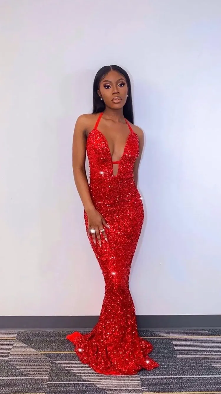 Charming Mermaid Red Sequins Long Prom Dresses,Sexy Red Evening Dress Y1693