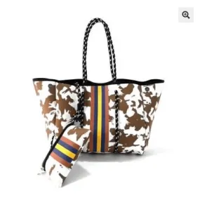 Cow Print Neoprene Tote with Stripes