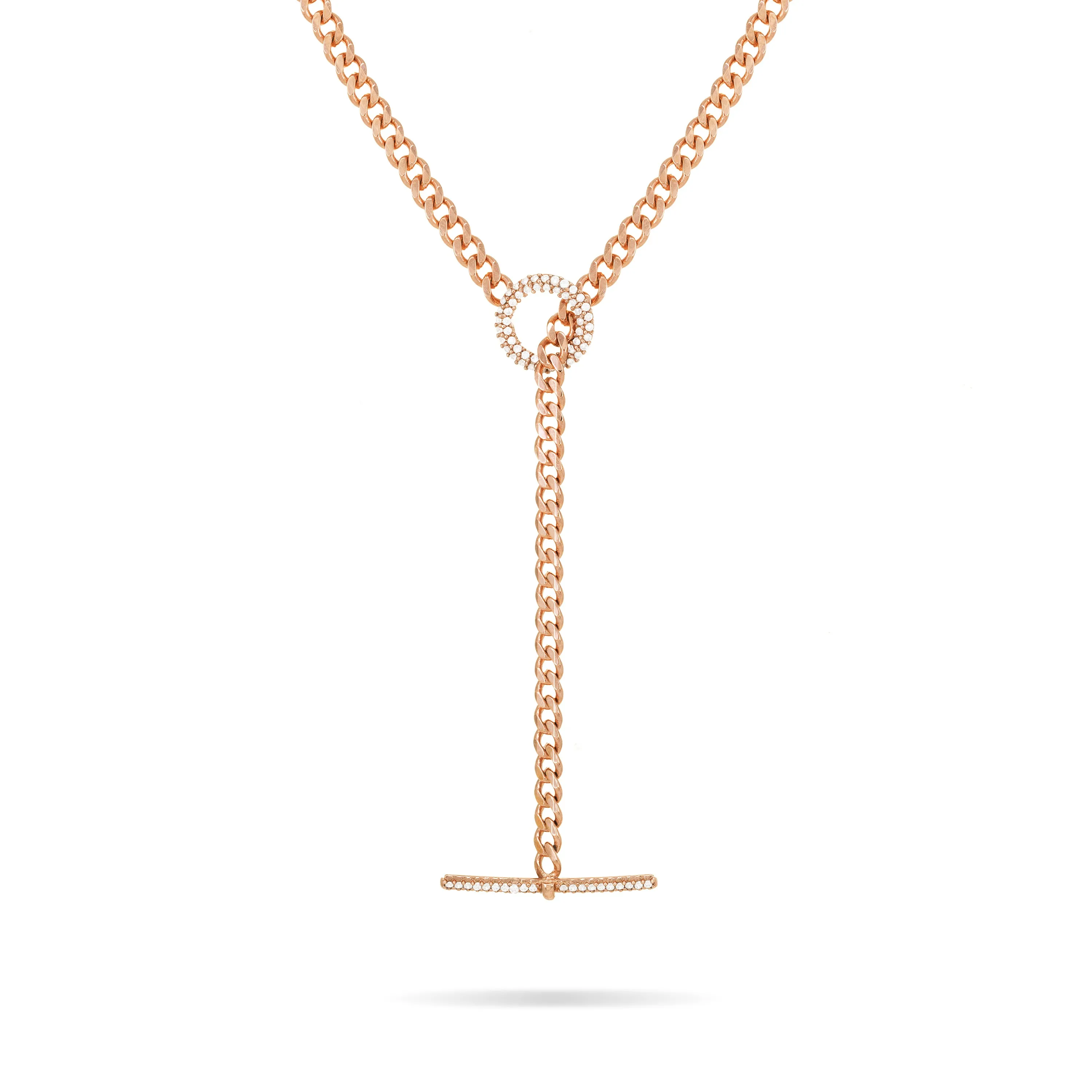Cubic Zirconia T Bar Clasp Curb Chain Necklace - Rose Gold White