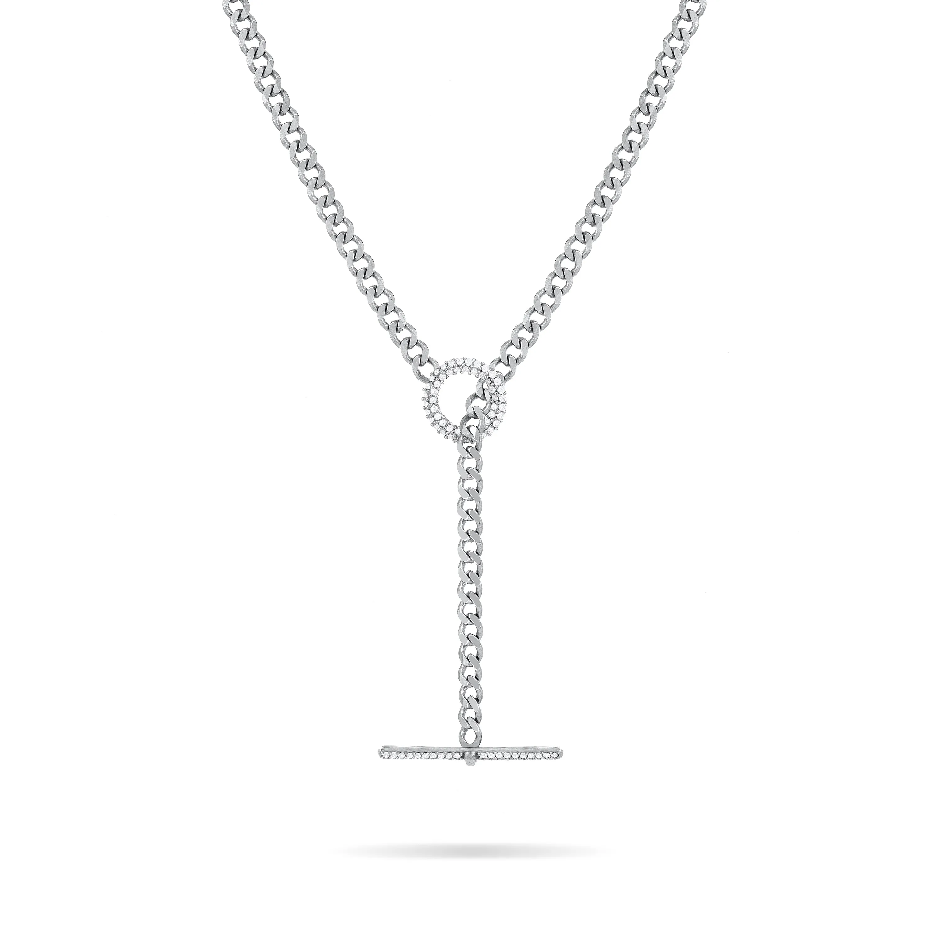 Cubic Zirconia T Bar Clasp Curb Chain Necklace - Silver White