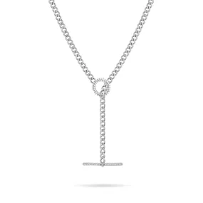 Cubic Zirconia T Bar Clasp Curb Chain Necklace - Silver White