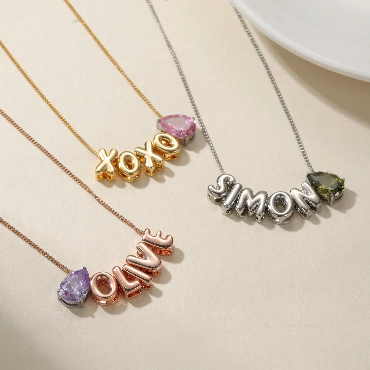 Customized 3D Bubble Name Necklace With Teardrop Birthstone 3D-N8763