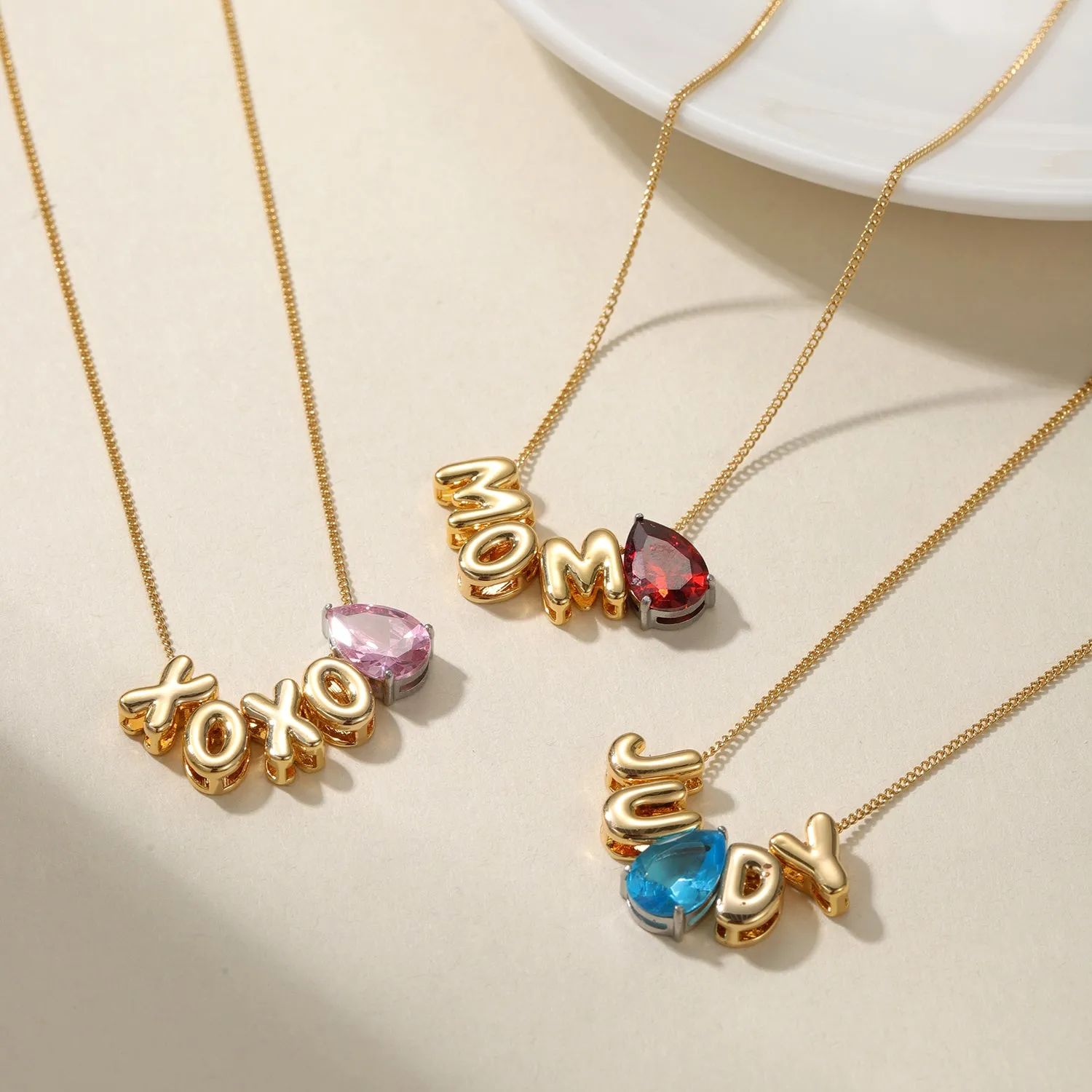 Customized 3D Bubble Name Necklace With Teardrop Birthstone 3D-N8763