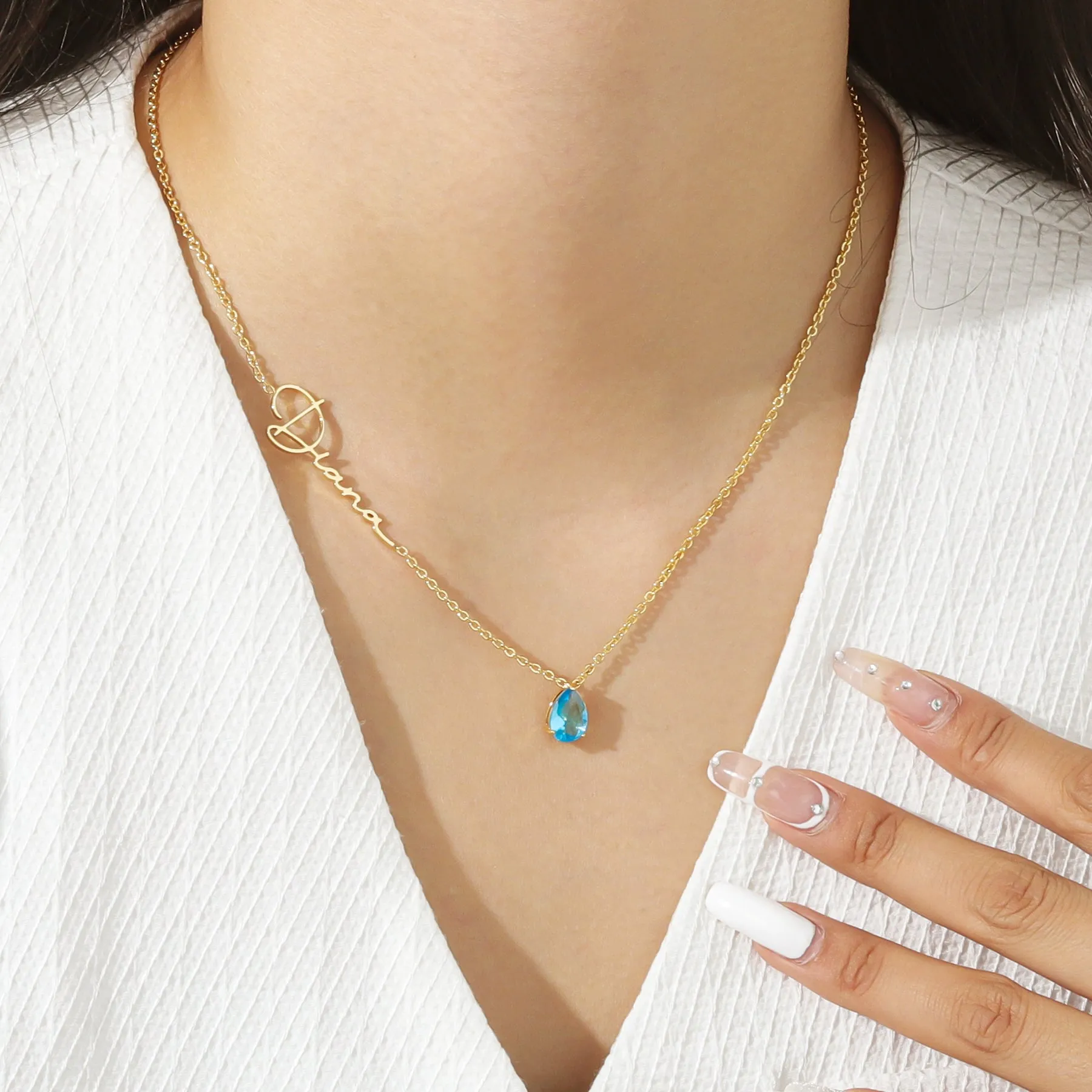 Customized Name Necklace with Teardrop Birthstone QH-N8754