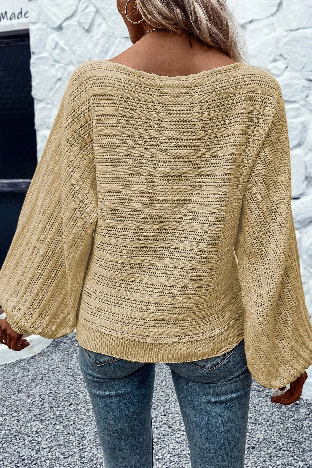 Eyelet Lantern Sleeve Boatneck Sweater