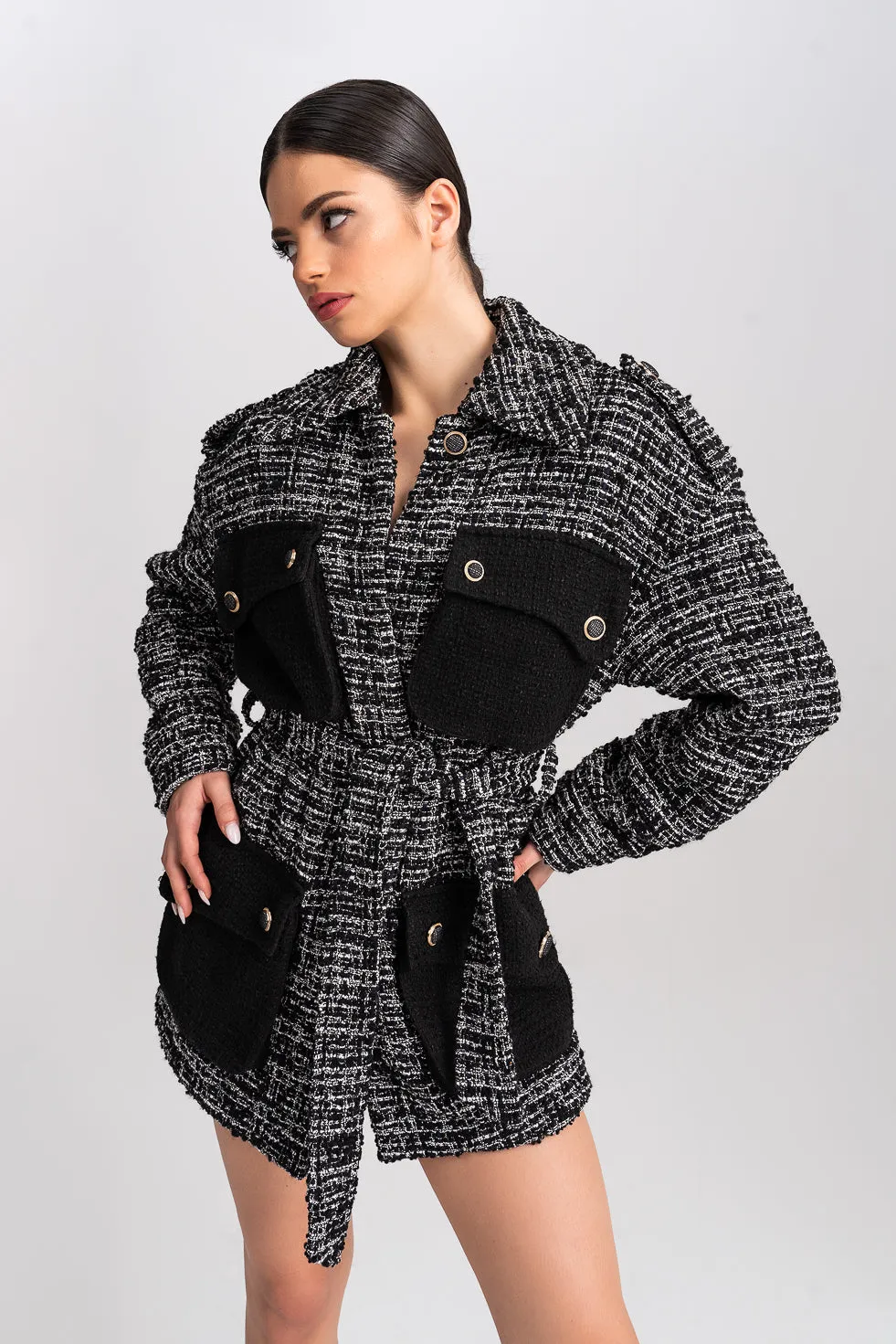 'Fay' Belted Tweed Contrast Jacket