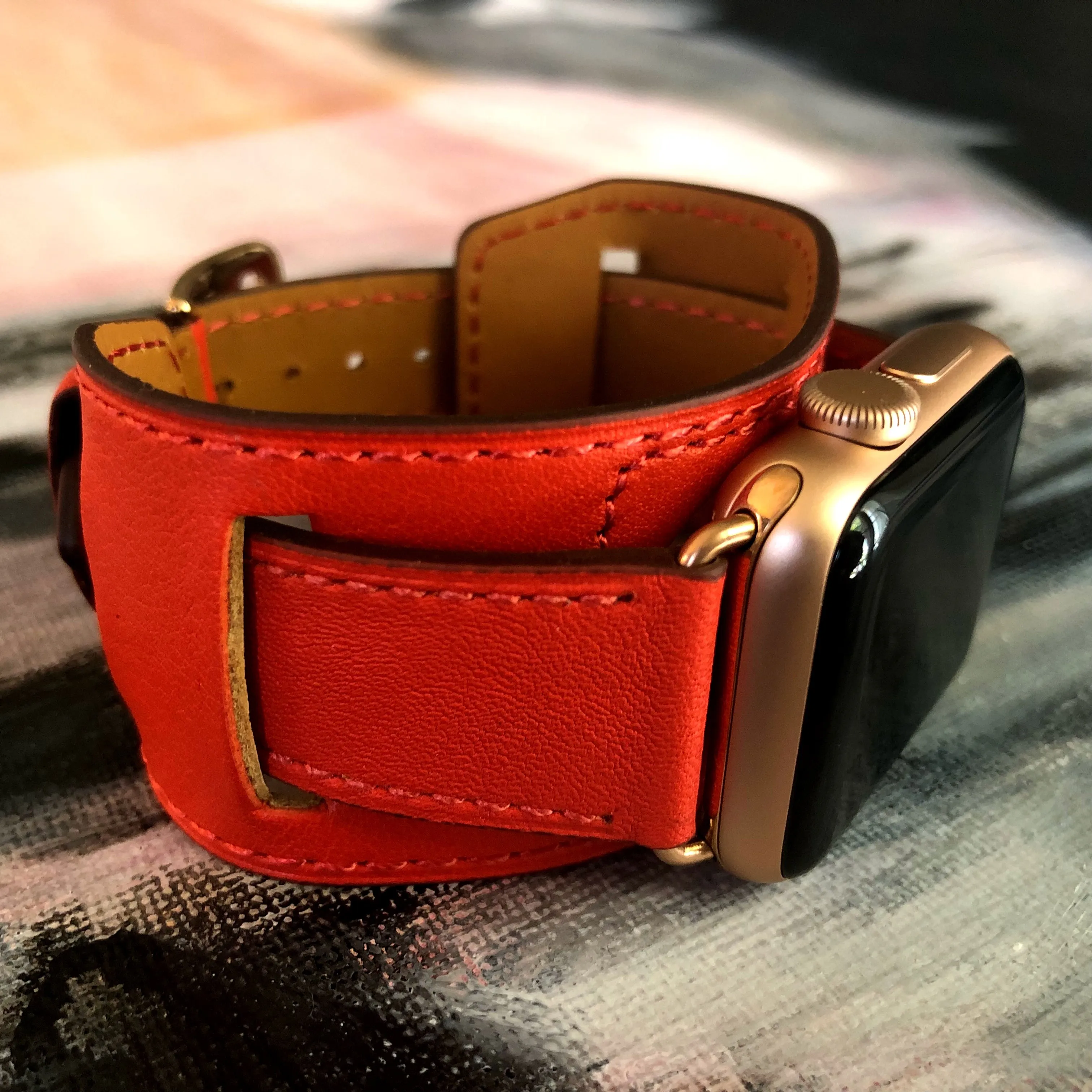 Fire Red Apple Watch Leather Cuff