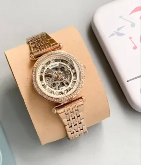 Fossil Luxury Watch Rose Gold for Her - Two-Tone Stainless Steel Band, Automatic Movement