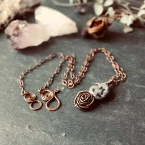 Glasgow Rose Cantrip Pendant Necklace with Larvikite Moon in Copper