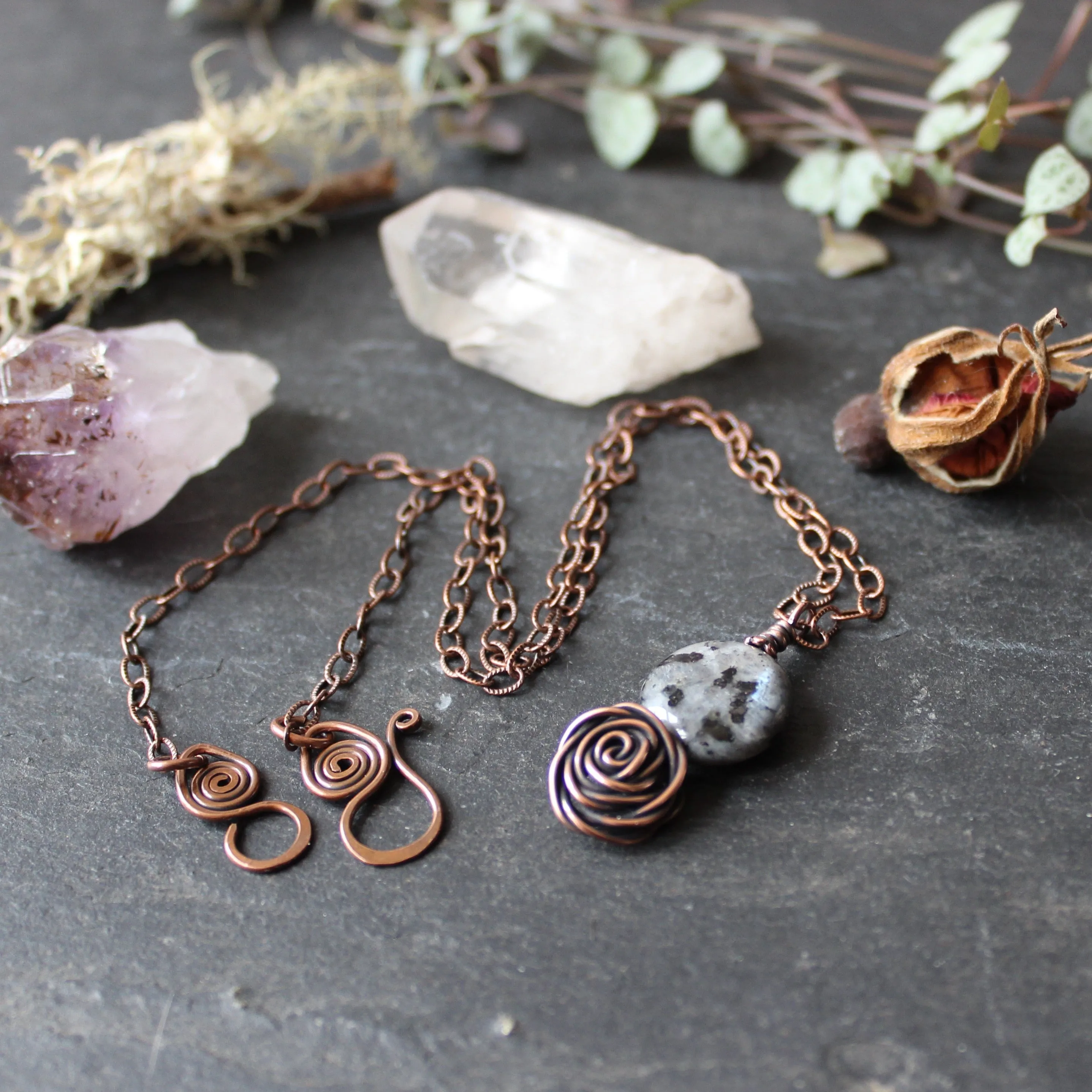 Glasgow Rose Cantrip Pendant Necklace with Larvikite Moon in Copper