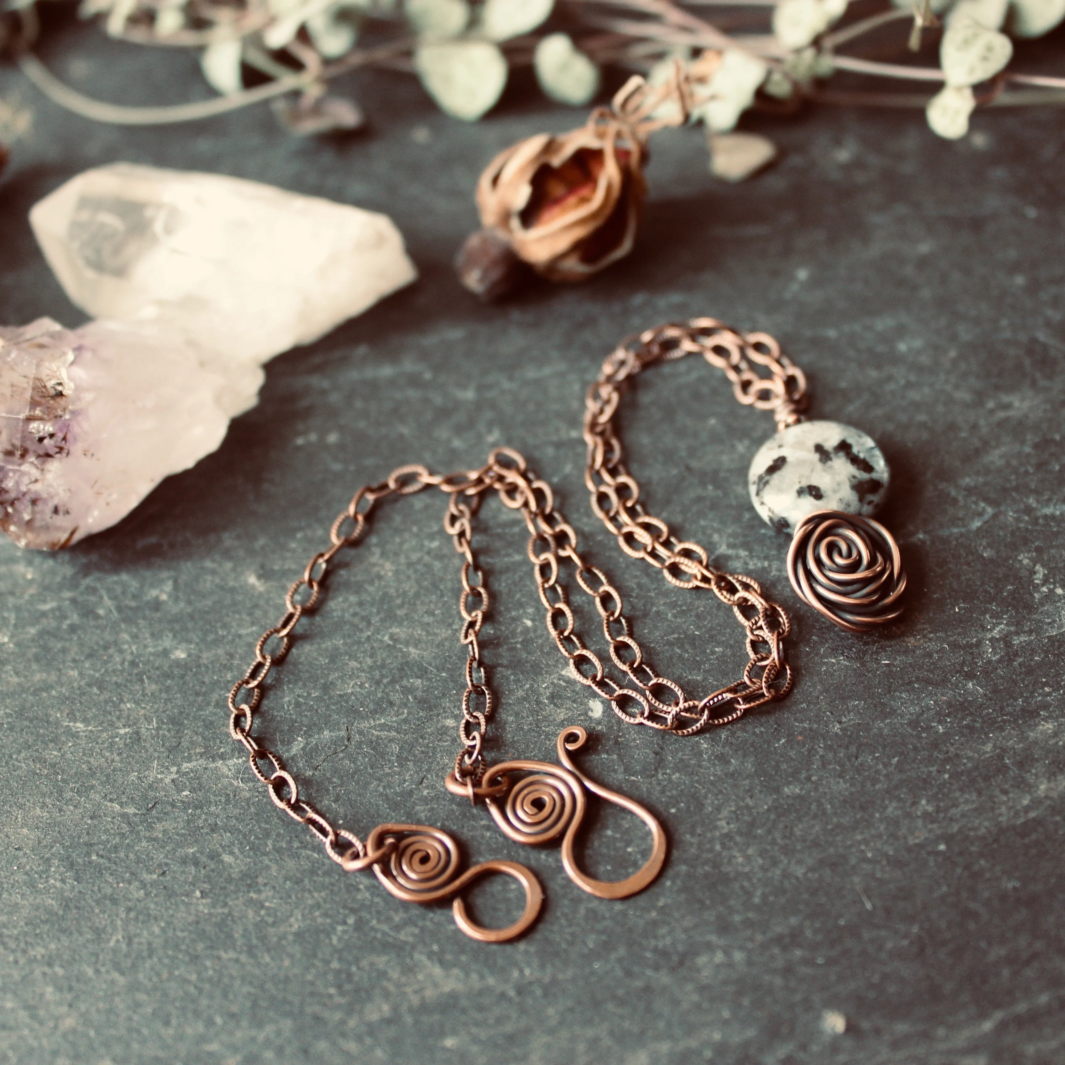 Glasgow Rose Cantrip Pendant Necklace with Larvikite Moon in Copper