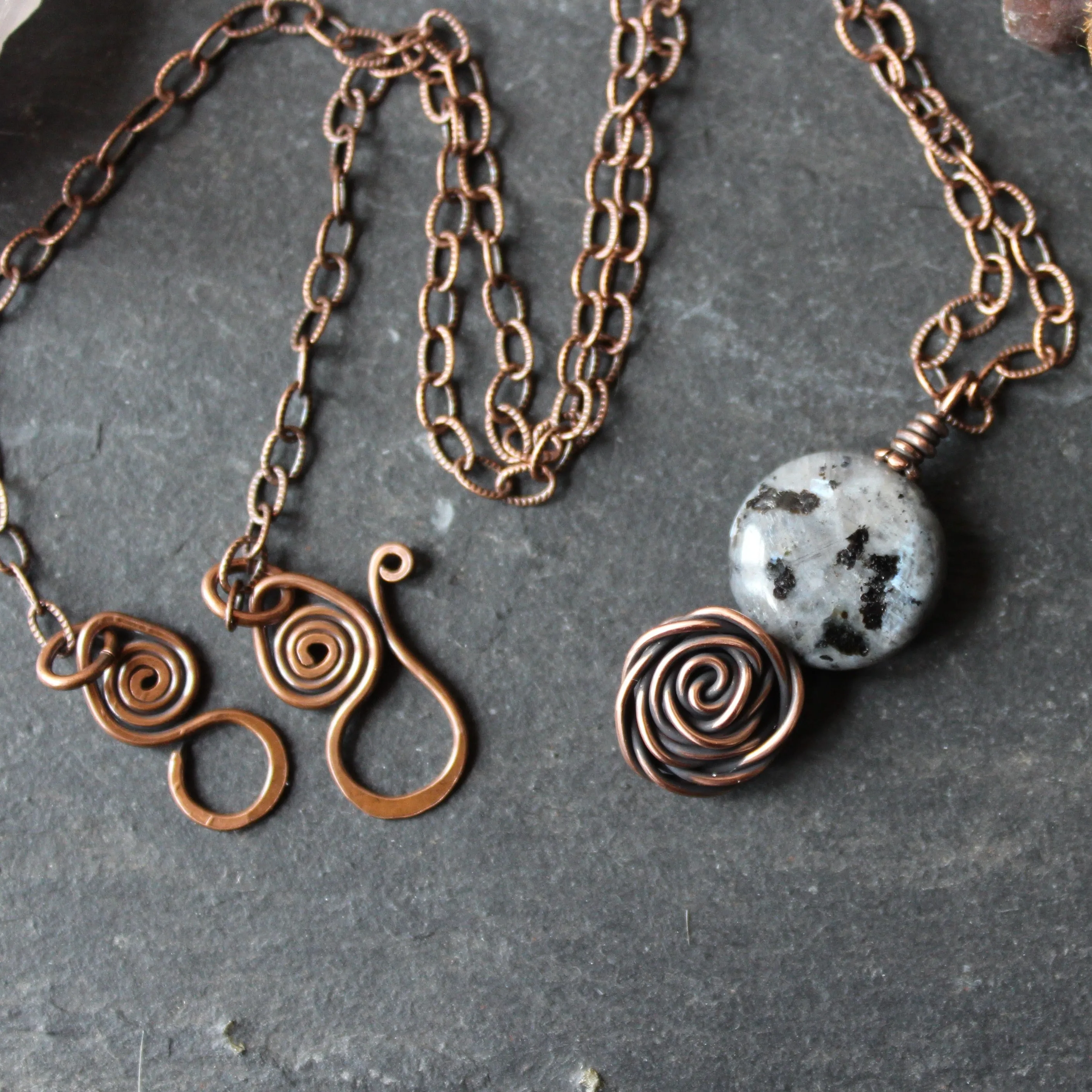 Glasgow Rose Cantrip Pendant Necklace with Larvikite Moon in Copper