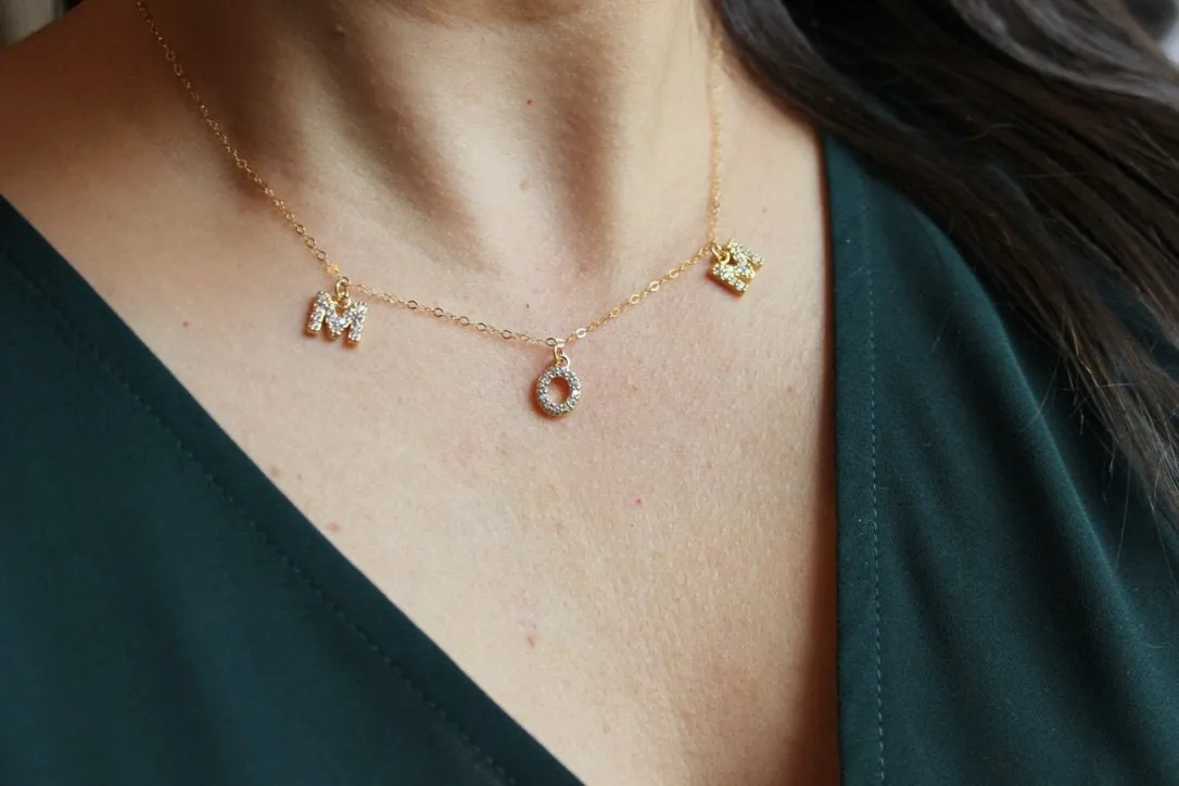 Gold Mom Necklace, Crystal Mom Necklace, Gold Name Necklace, Personalized Jewelry Custom Name Necklace, Gold Letter Necklace, Mama Necklace