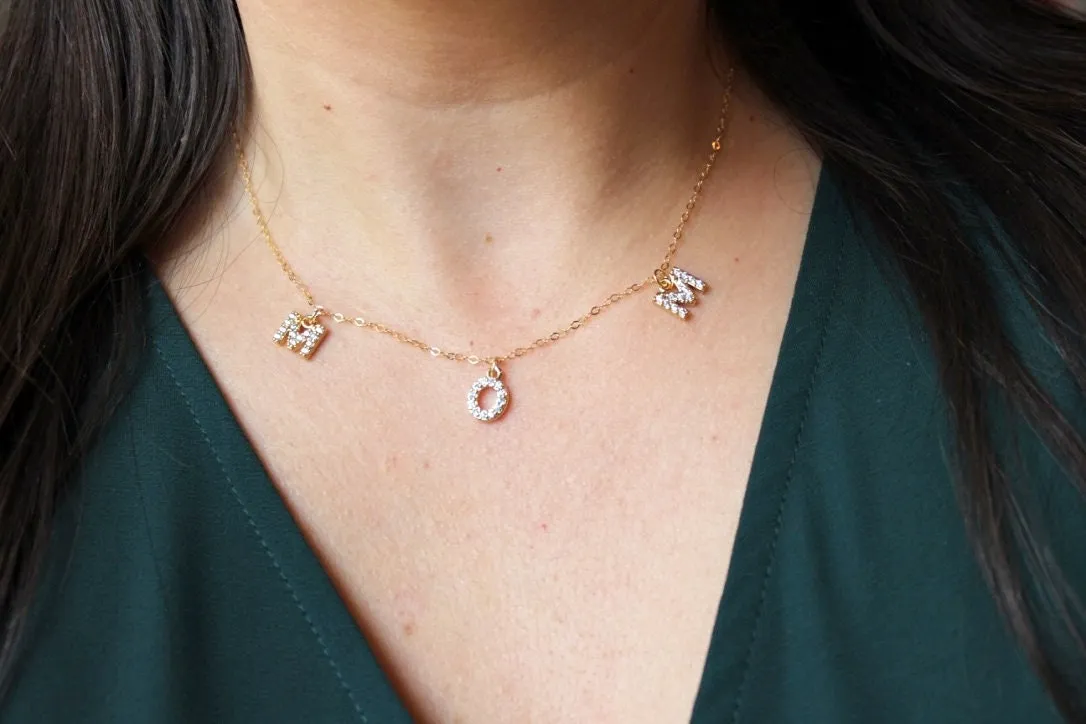 Gold Mom Necklace, Crystal Mom Necklace, Gold Name Necklace, Personalized Jewelry Custom Name Necklace, Gold Letter Necklace, Mama Necklace