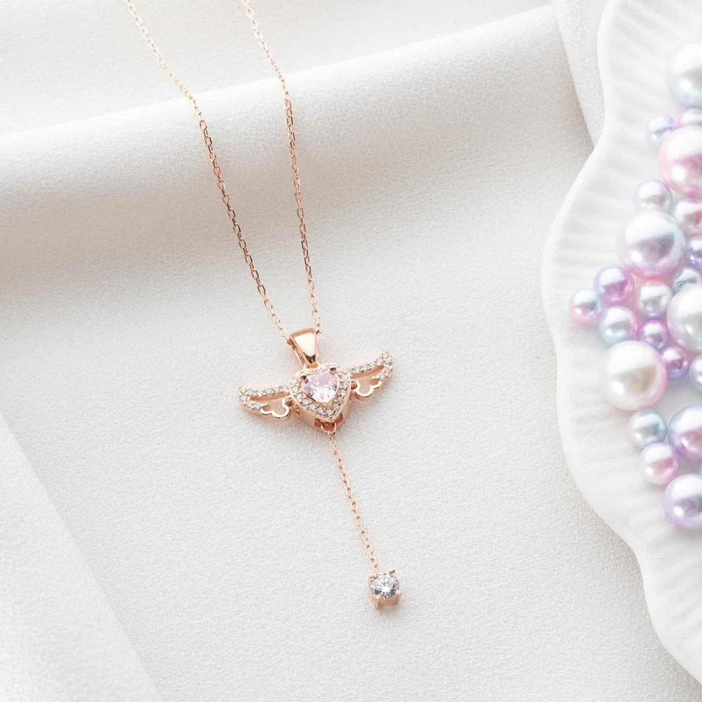 Hallmark Silver Rose Gold Plated Pink Winged Heart Necklace