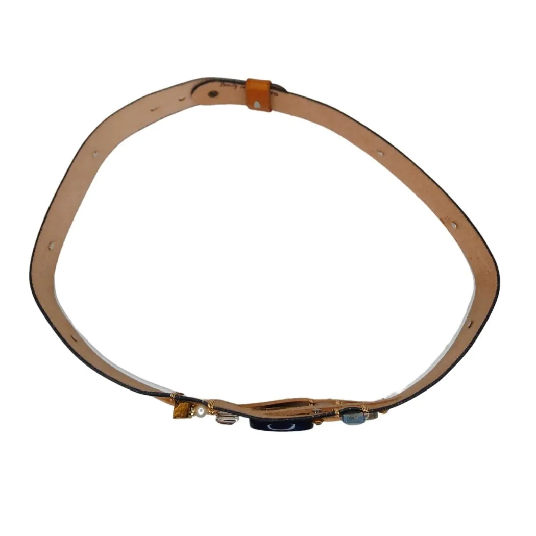 Handmade Leather Belt With Gemstones, Rhinestones, Blue Agate