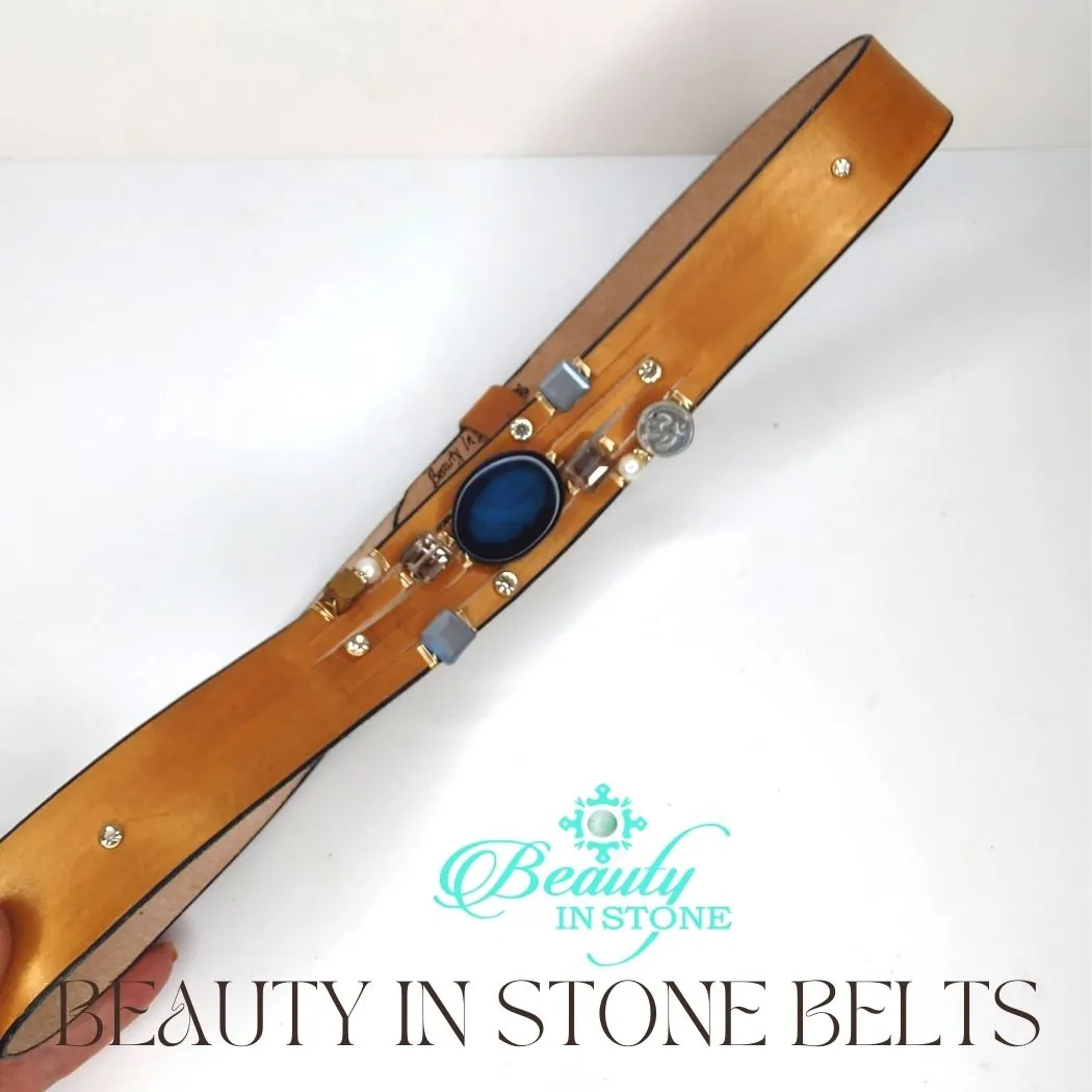 Handmade Leather Belt With Gemstones, Rhinestones, Blue Agate