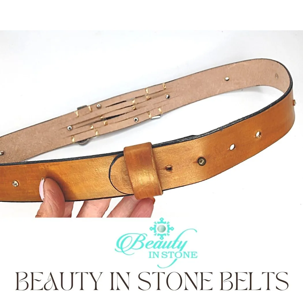 Handmade Leather Belt With Gemstones, Rhinestones, Blue Agate
