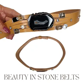 Handmade Leather Belt With Rhinestones, Gemstone, Black Agate