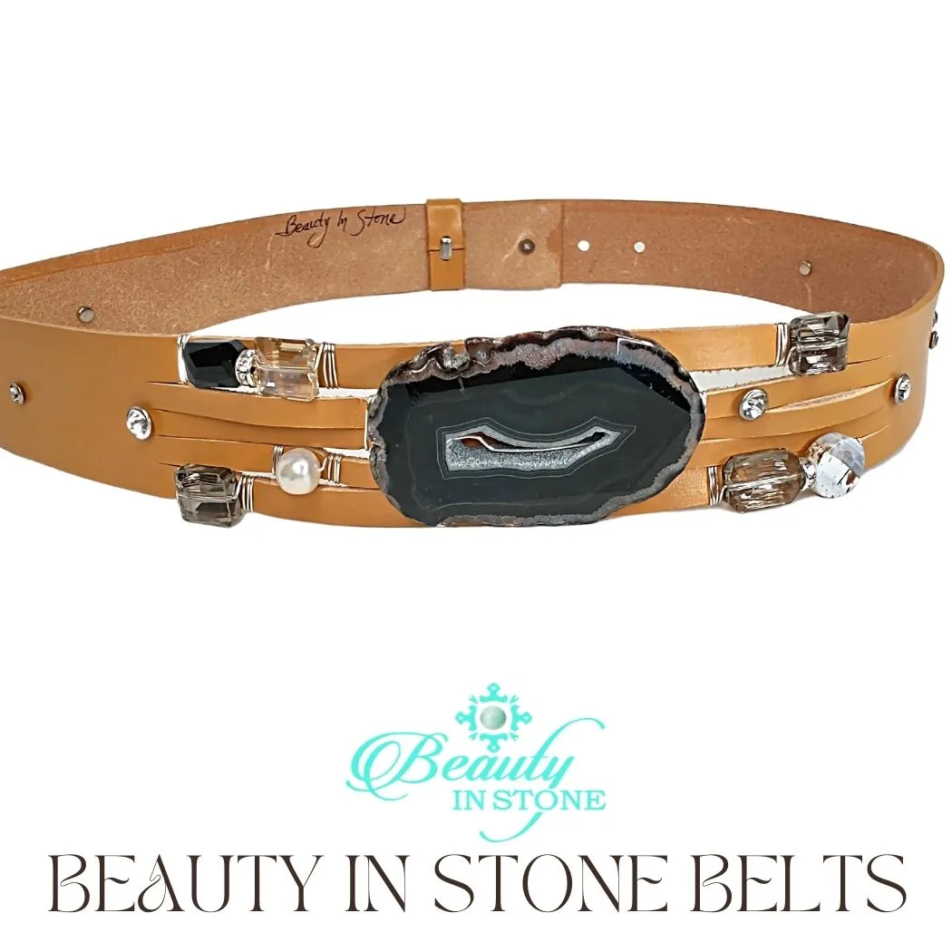 Handmade Leather Belt With Rhinestones, Gemstone, Black Agate