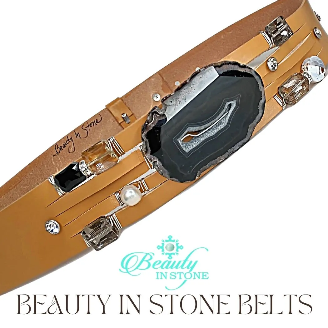Handmade Leather Belt With Rhinestones, Gemstone, Black Agate