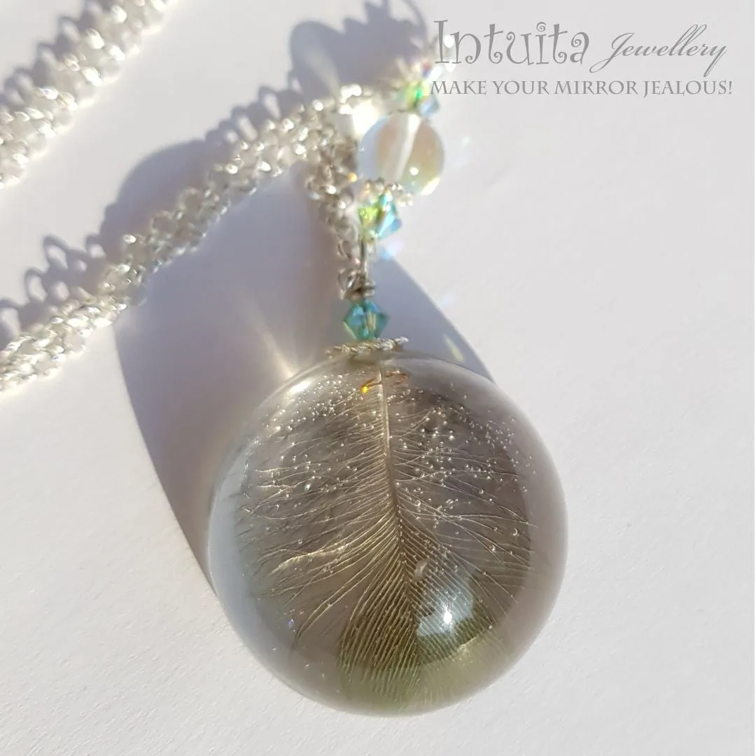 Handmade Semisphere Resin Pendant with Real Parrot Feathers Inside