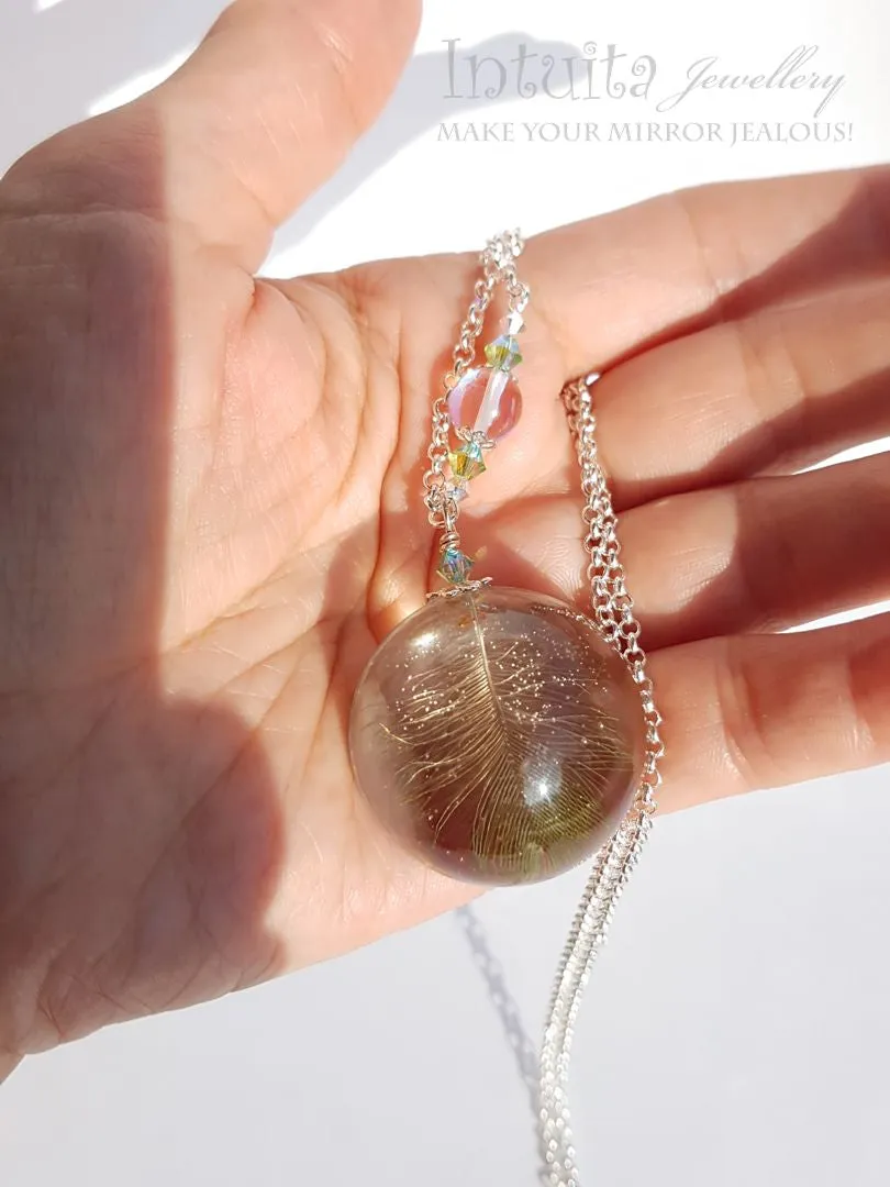 Handmade Semisphere Resin Pendant with Real Parrot Feathers Inside