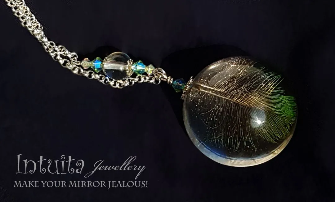 Handmade Semisphere Resin Pendant with Real Parrot Feathers Inside