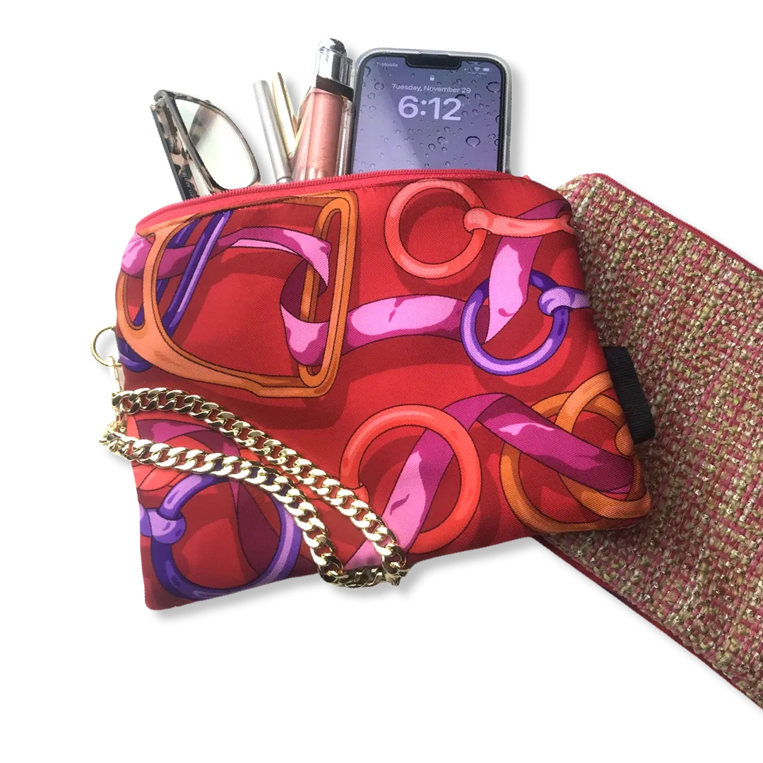 Horse Bit Red Vintage Silk Scarf Grand Wristlet Bag