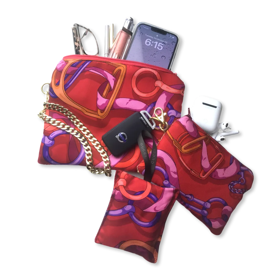 Horse Bit Red Vintage Silk Scarf Grand Wristlet Bag