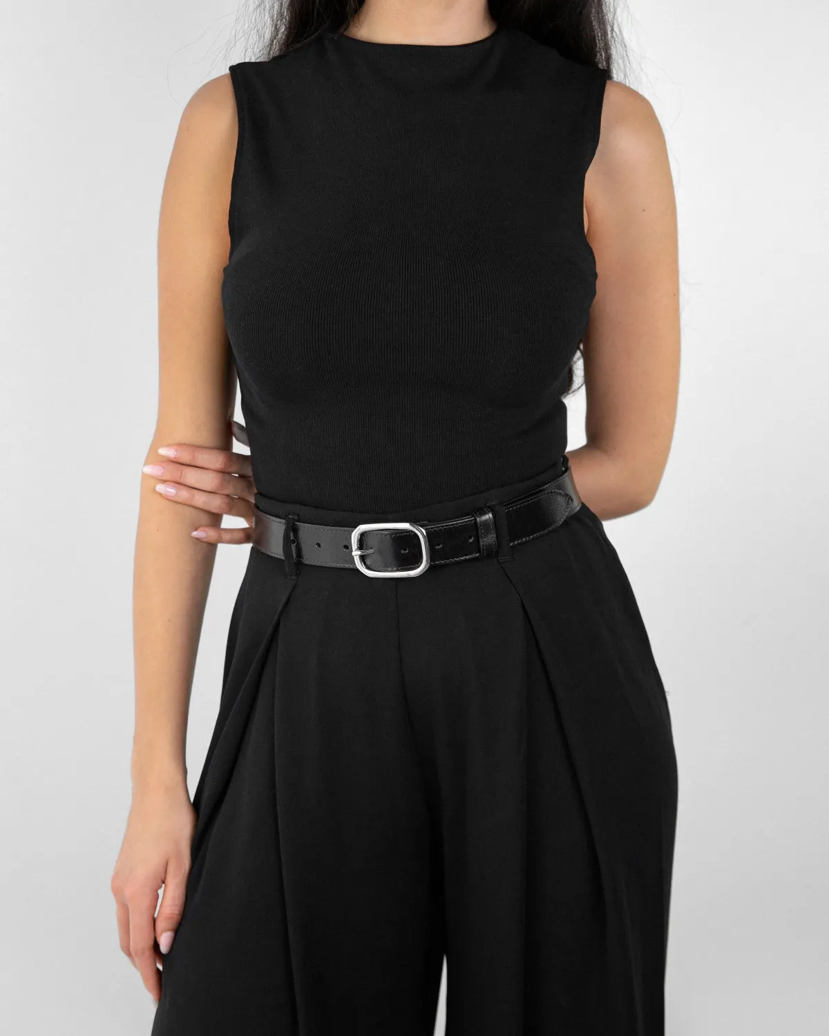 Isabella black leather silver buckle waist belt